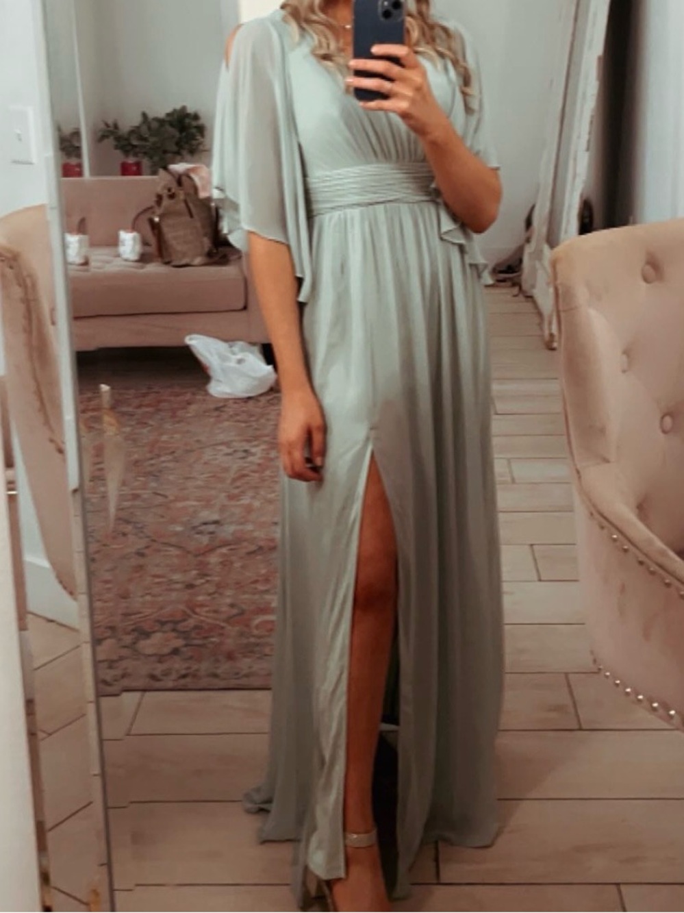 Elegant Sage Green Maxi Dress with Slit - worn once